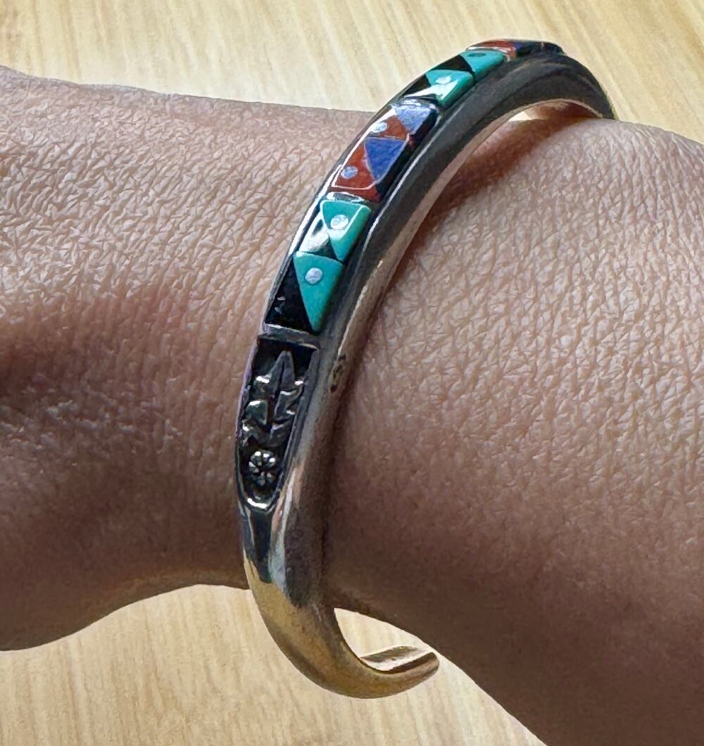 Vintage 925 Native American Zuni Inlay Cuff Bracelet Turquoise Coral Lapis Onyx